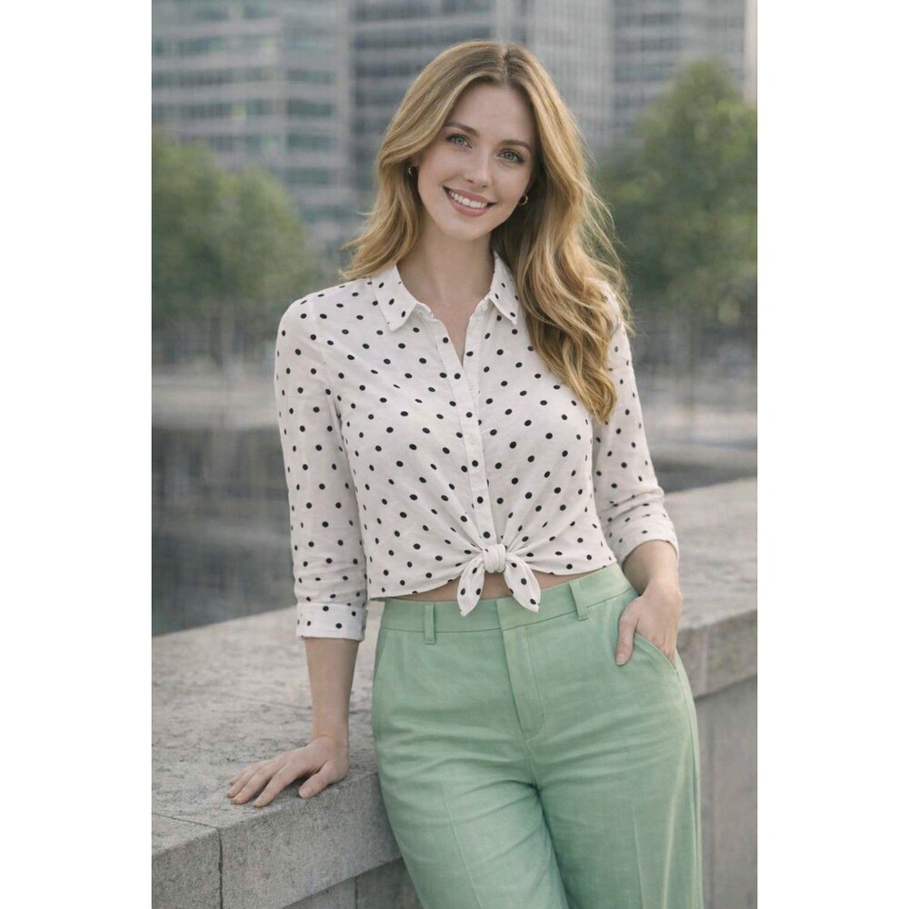 Anthropologie Hester & Orchard White Linen Polka Dot Cropped Top Shirt L